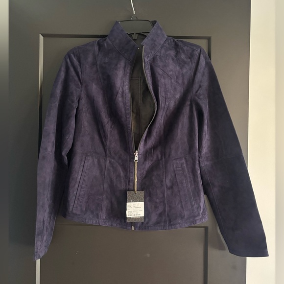 Suede Lambskin Leather Jacket Navy Valiant Paris Zip Up...